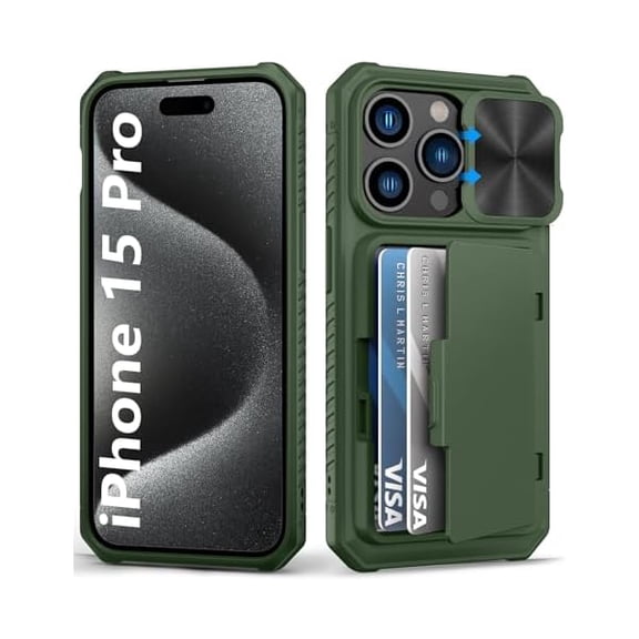 Eryueer for iPhone 15 Pro Case Wallet with Card Holder & Slide Camera Cover & Kickstand, Military Grade Drop Protection Rugged Shockproof Protective Phone Case for iPhone 15 Pro 5G, Green