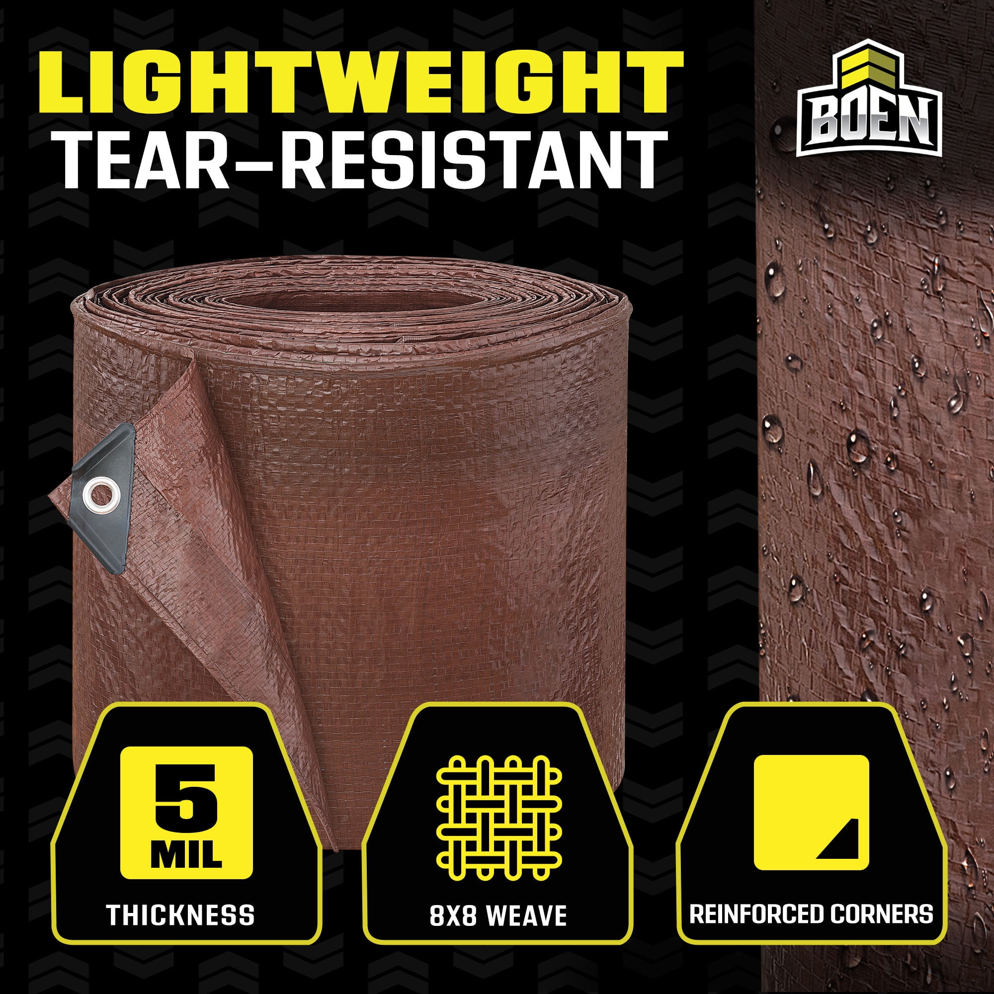 BOEN 30 x 30 ft 5 Mil Brown Waterproof Tarps, 3-Pack Case, Bulk Poly Covers