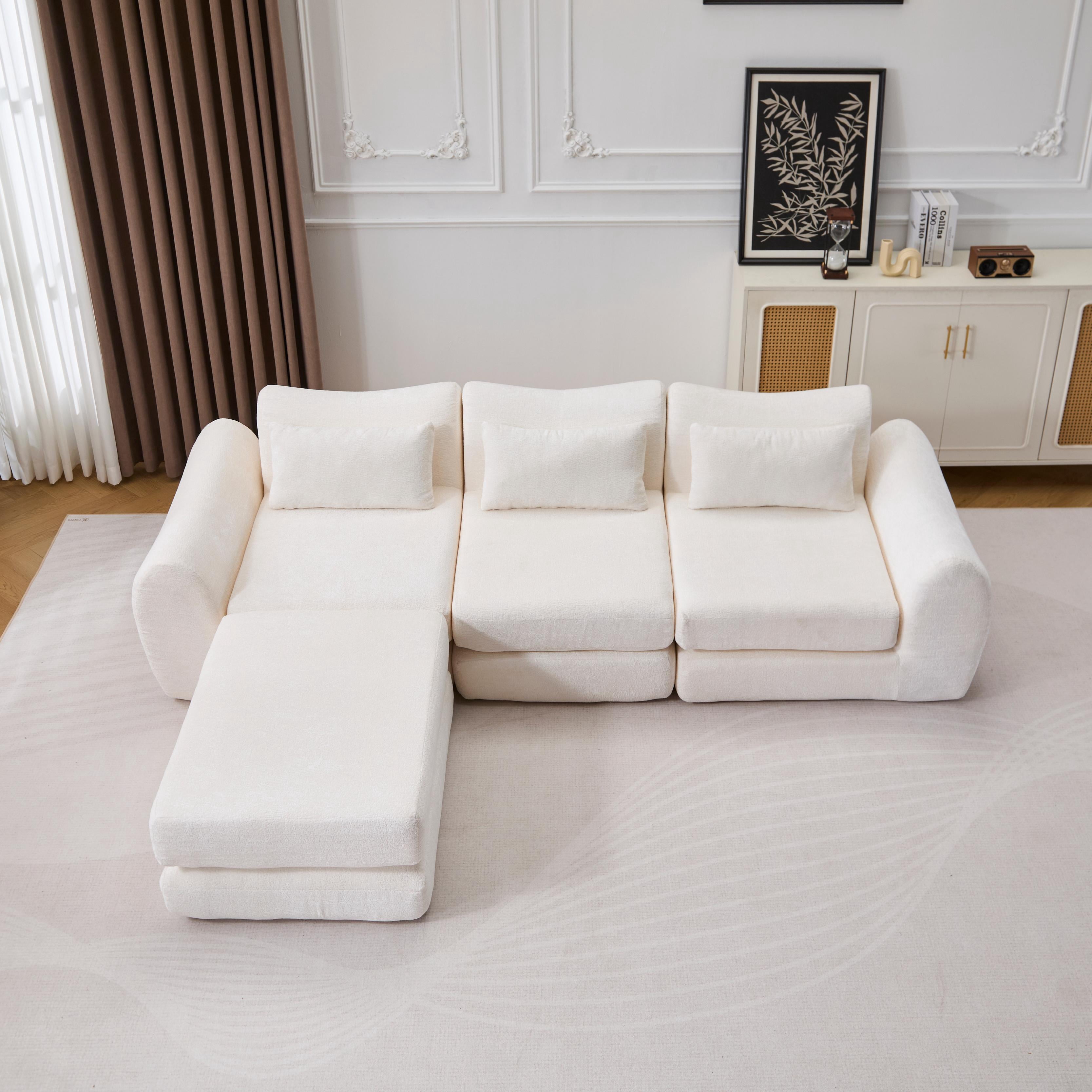 BSHTI Foldable Wave Star Modular Sofa, Chenille Fabric, 4-in-1 Modern Couch for Living Room, Modular Sectional Sofa with Chaise, Free Combination 3 Seater Sofa, White