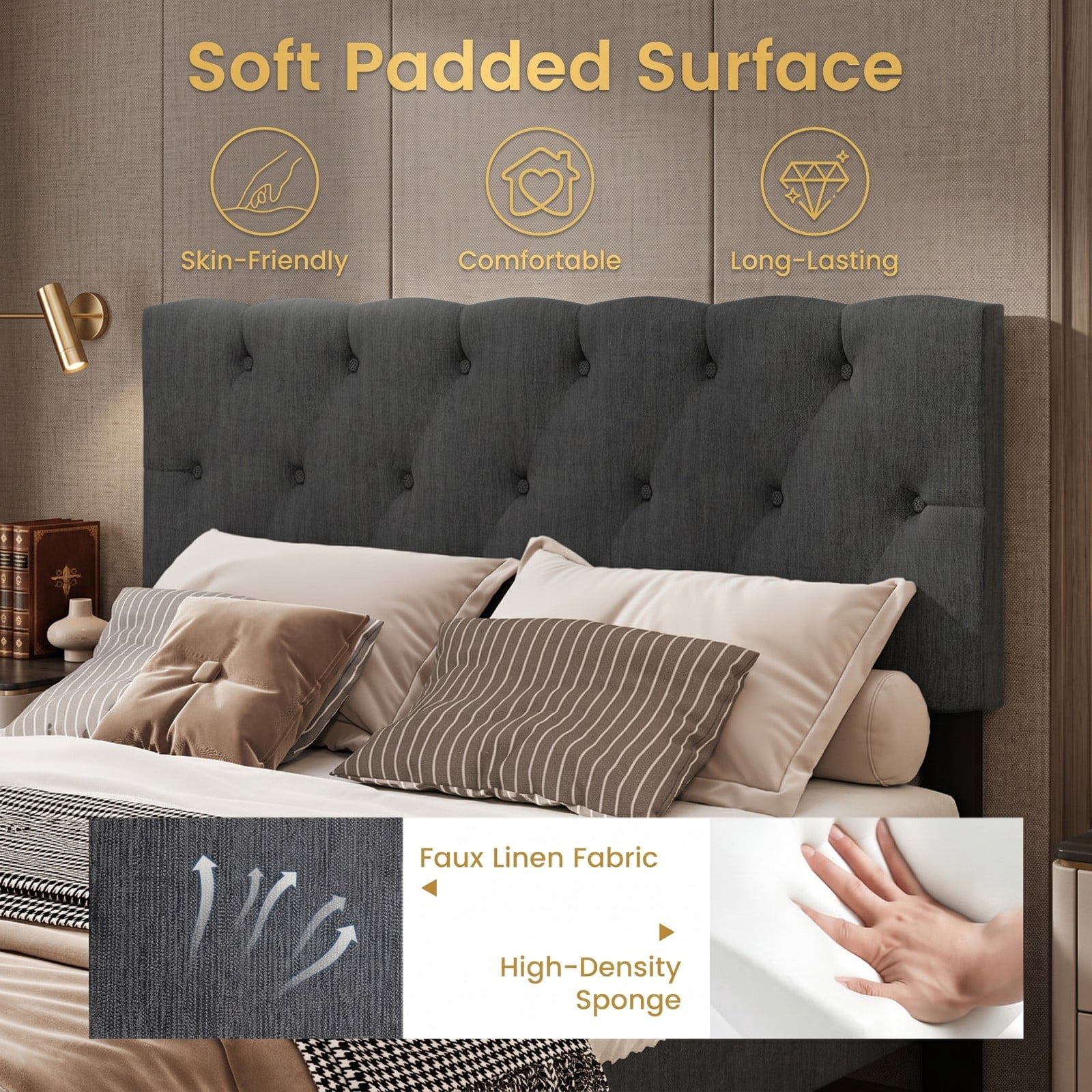 Furnibear Full Size Bed Frame Upholstered Platform Bed with Button Tufted Wingback Headboard and Wooden Slat Support for Bedroom Guest Room, Gray