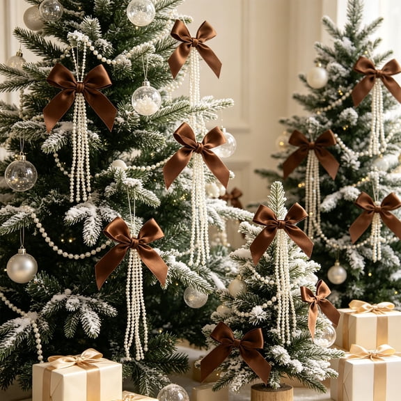 Christmas Tree Decorations,Christmas Bow Ornaments,Flocked Bow with Pearl Chain Christmas Hanging Ornament for Wreath and Mantel Display Holiday Birthday Party Indoor Outdoor Decor(1PC,Brown)