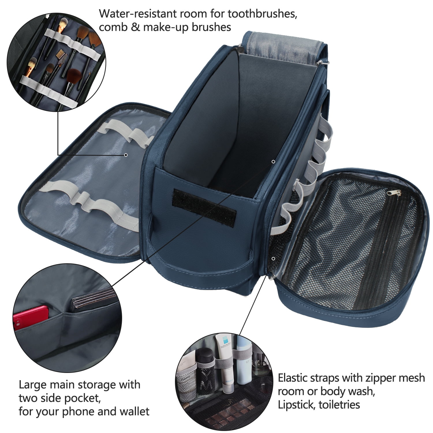 Large Capacity Toiletry Bag for Men, Leather Hanging Toiletry Organizer Cosmetics Makeup Bag, Blue