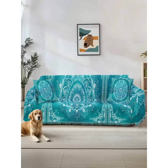Turquoise Boho Sofa Covers for 2-3 Cushion Couch L-Shaped Sectional, Abstract Art Floral Ethnic Tribal Washable Sofa Covers Slipcover for Living Room Furniture, Couch Cover Blanket 71"x134"