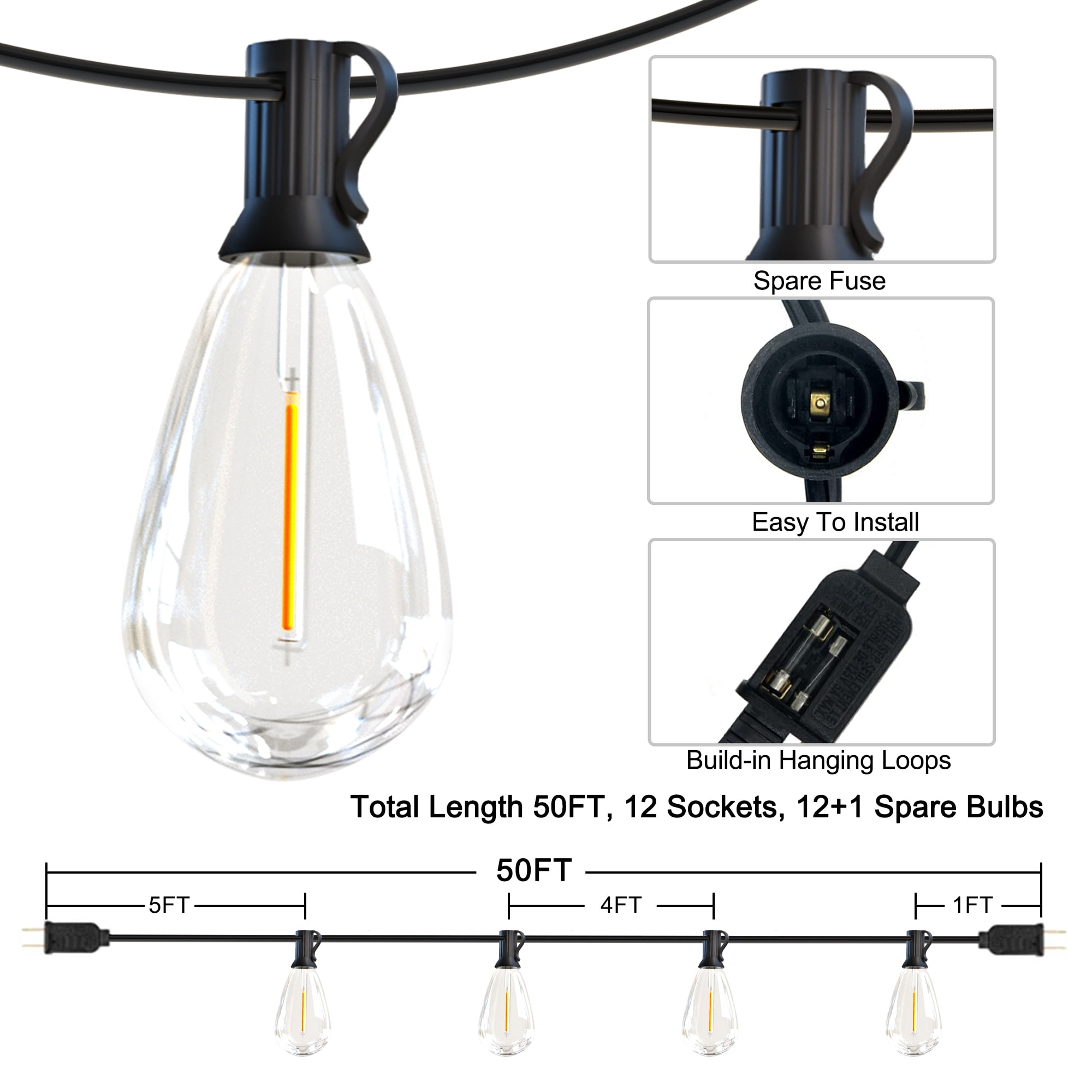 Hyrion 50ft Outdoor String Lights,with 12 S14 Edison Vintage Bulbs,Connectable Outdoor Patio Lighting for porch backyard Cafes,Waterproof & Shatterproof