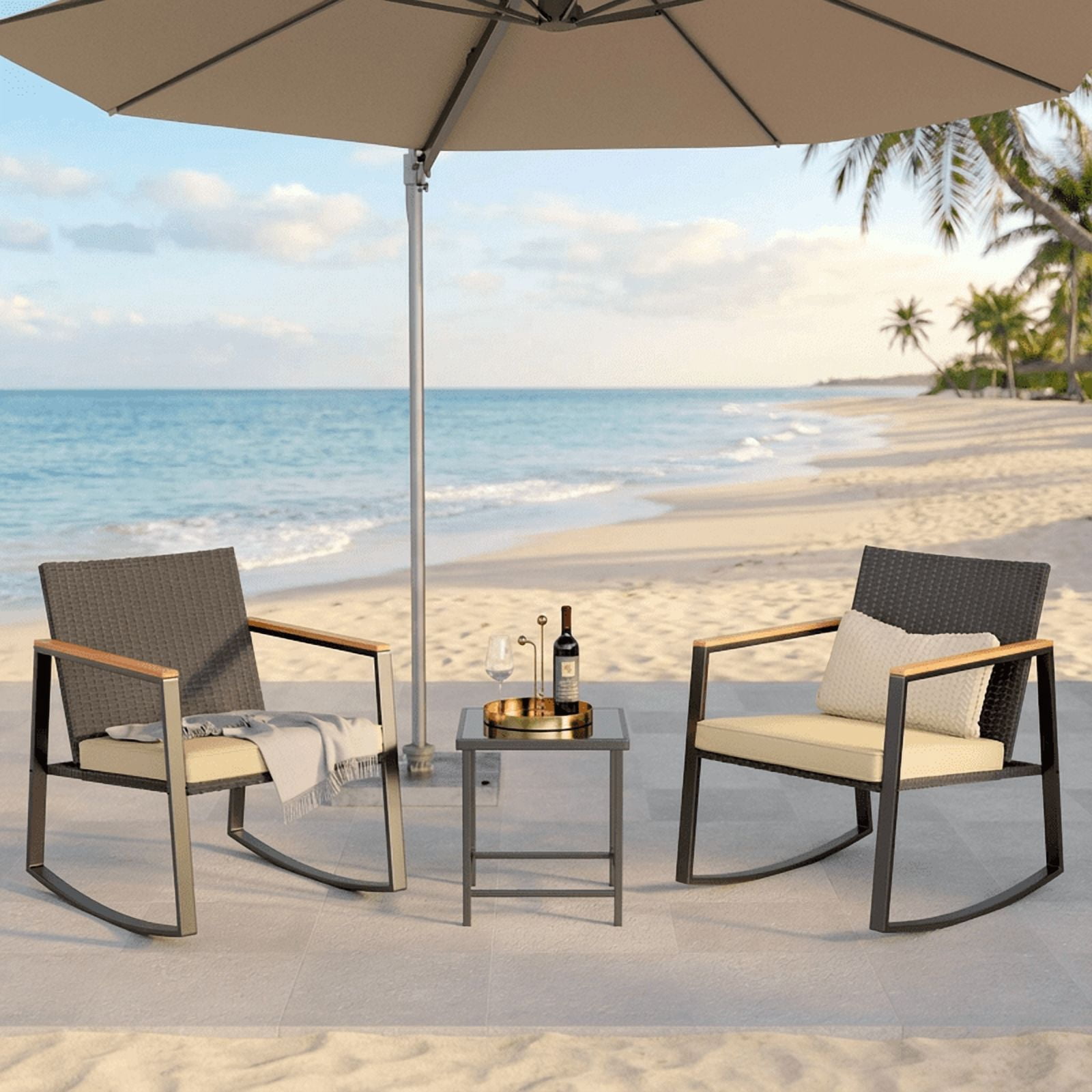 Aiho 3-Piece Wicker Patio Set with Rocking Chairs & Coffee Table - Outdoor Garden, Beige