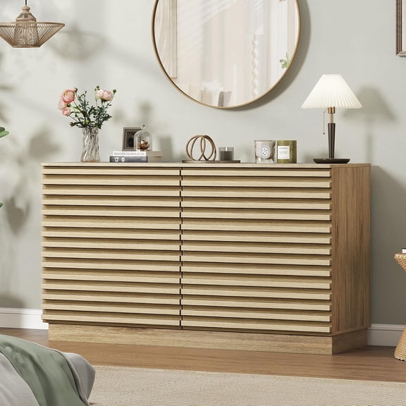EAG 6 Drawer Dresser for Bedroom, 47" Fluted Storage Cabinet with Drawers, Handleless Design, Modern Wide Dresser TV Stand for Bedroom, Living Room, Hallway, Natural Oak