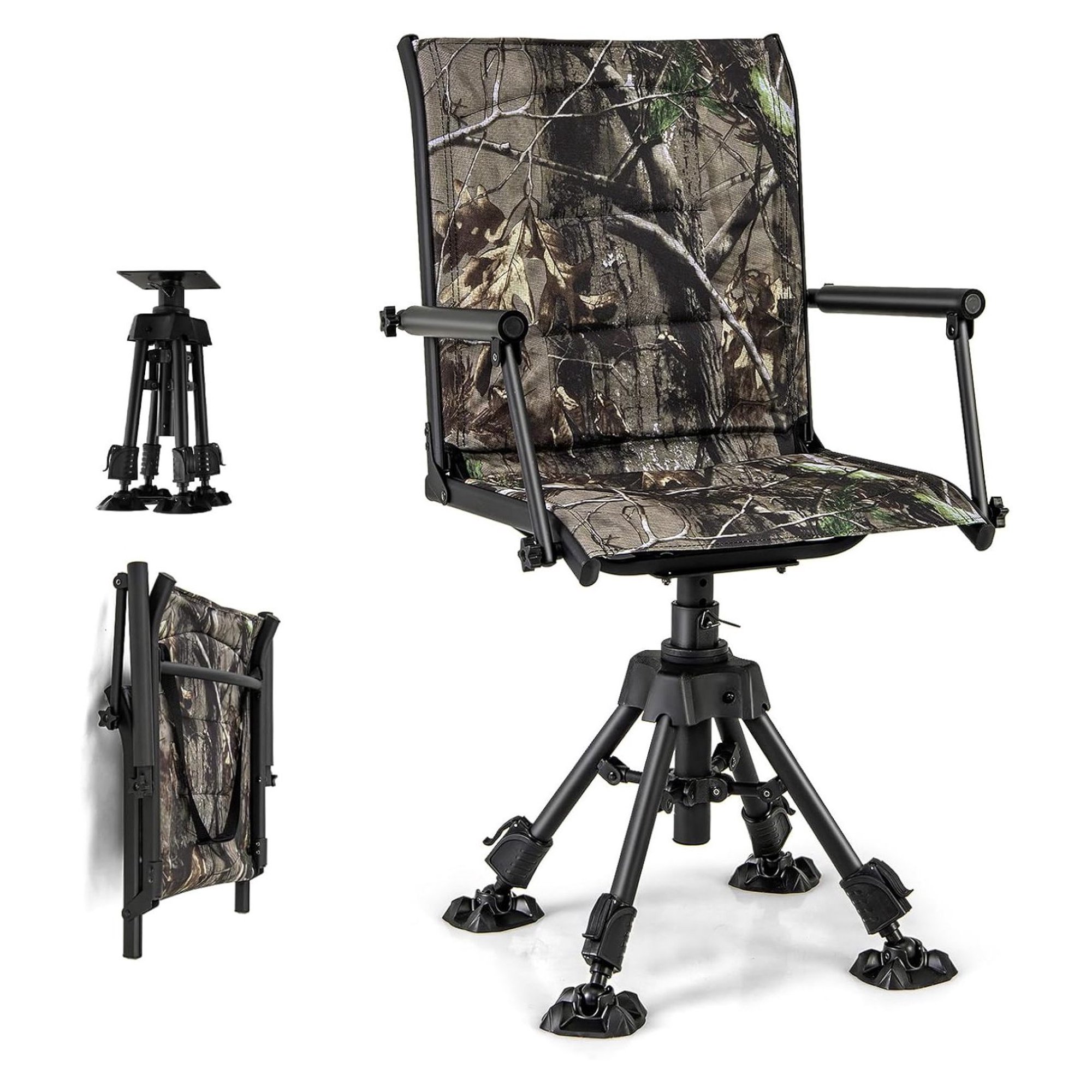 360 Degree Swivel Hunting Chair Folding Silent Blind Chair with Adjustable Height Legs All Foot Pads Portable Sniper Seat for Fishing 330 lbs Capacity Metal Frame