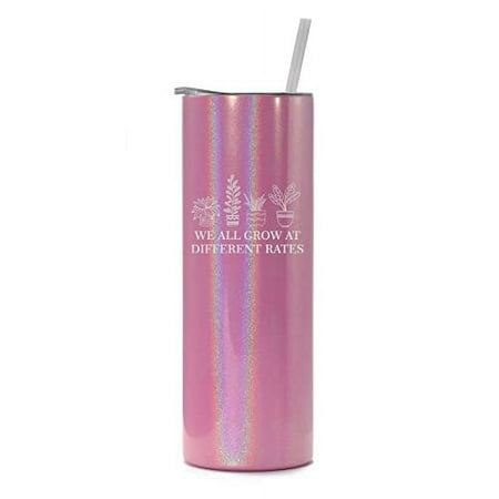 

20 oz Skinny Tall Tumbler Stainless Steel Vacuum Insulated Travel Mug Cup With Straw We All Grow At Different Rates Special Education Teacher (Pink Iridescent Glitter)