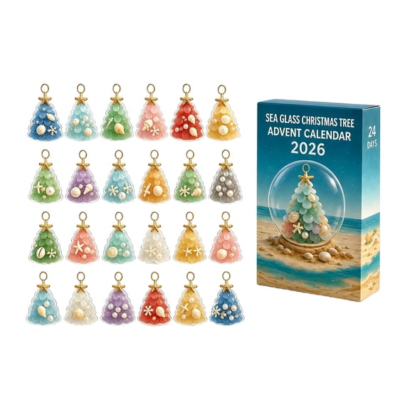 2026 Sea Glass Advent Calendar, 24 Days Christmas Tree Ornament Countdown Calendar with Handcrafted Coastal Ornaments, Reusable Holiday Decor Gift for Home Christmas Tree