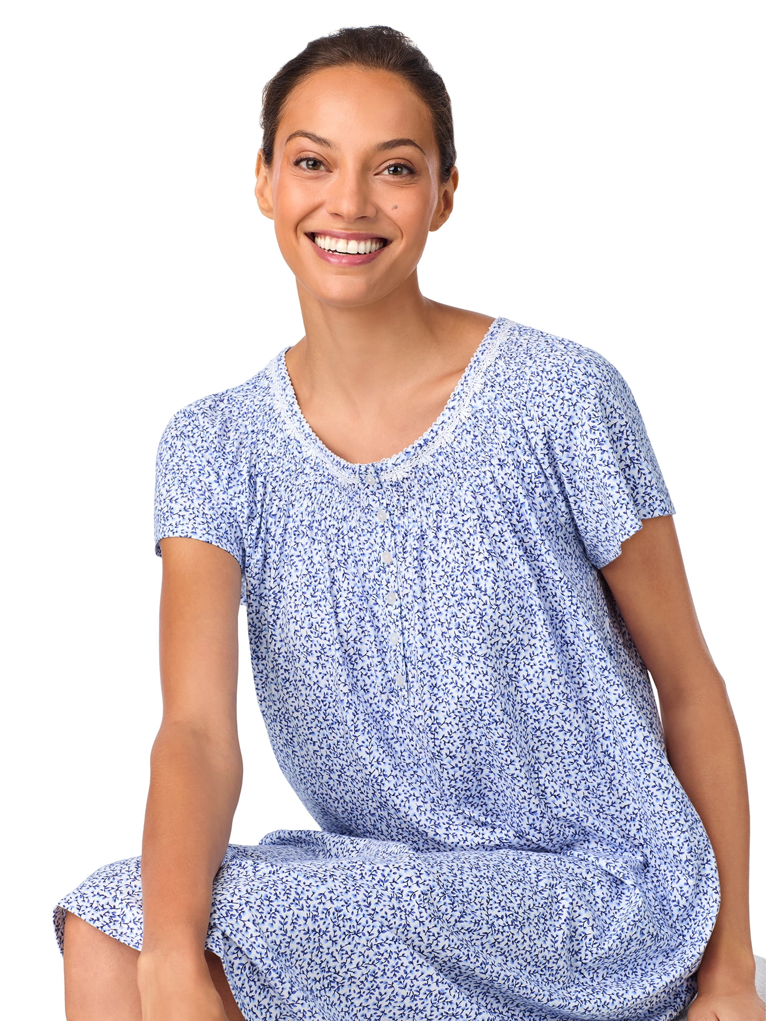 Aria Women's 100% Cotton Raglan Sleeve Smocked Neck 40" Sleepwear Gown, Sizes XS-5X