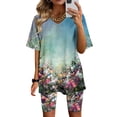 thumbnail image 1 of Ensembles 2 Pcs pour Femmes Été Mode Femme Blouse à Col en V Manches Courtes Hauts Shorts Costume Décontracté Ensembles Deux Pièces pour Femmes en Liquidation, 1 of 4
