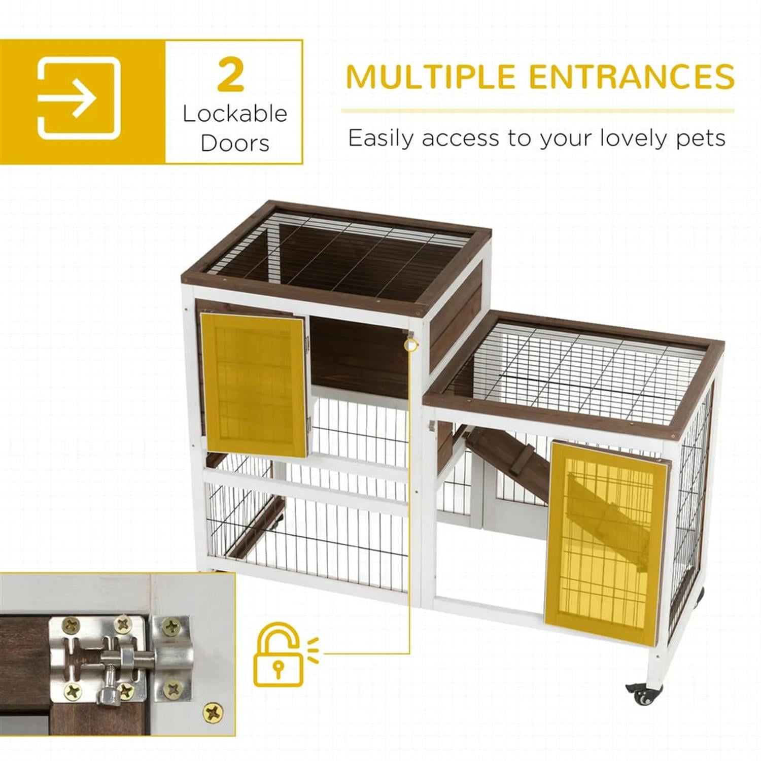 Kadyn 43" 2-tier Wooden Rabbit Hutch with Wheels and Slide-out Tray, Outdoor Small Animal Habitat Chicken Coop Bunny Cage for Bunnies, Guinea Pigs, Brown