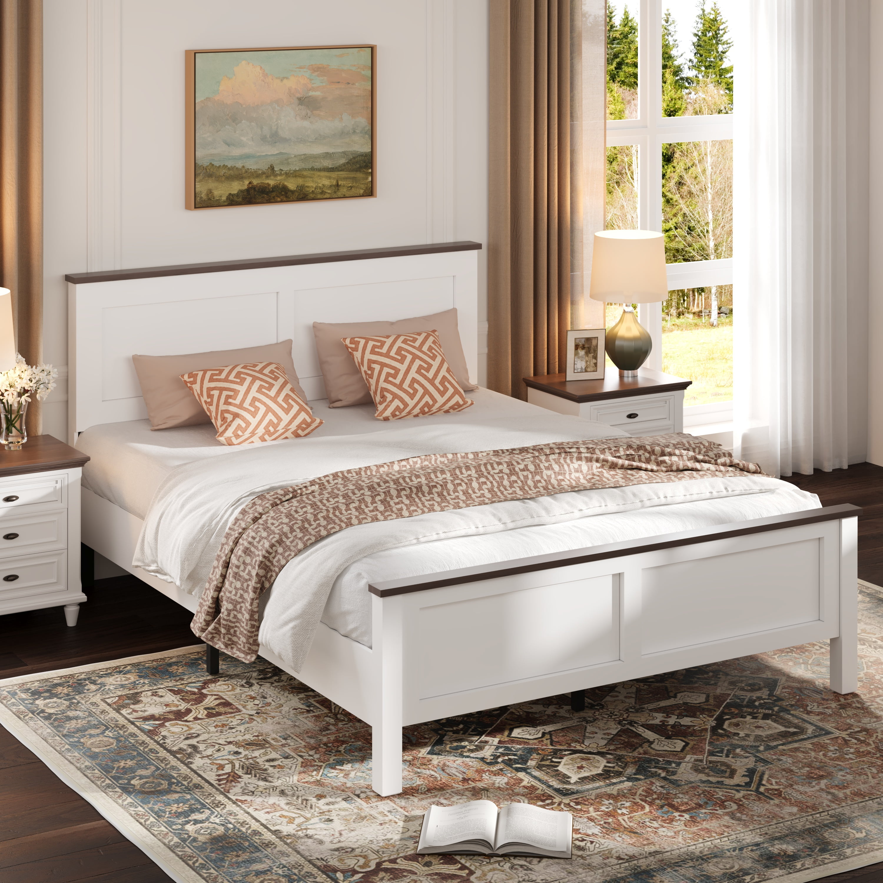 UHOMEPRO Full Size Bed Frame, Wood Platform Bed with Headboard and Footboard, Full Bed Frame with Wooden Slats, Holds 500lbs, Easy Assembly, No Box Spring Needed, Brown and White