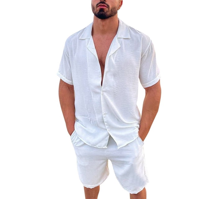 OUSITAID Men Spring Summer 2 Pieces Beach Short Sleeve Linen Shirts & Shorts Pants Sets with Pockets