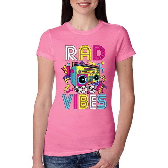 Rad 90's Vibes Vintage Womens Slim Fit Junior Tee, Hot Pink, Small