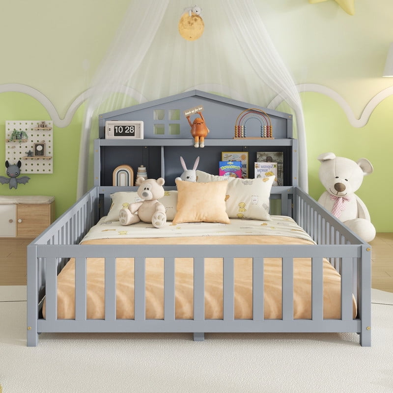 Bellemave Full Size Montessori Bed with Bookcase,Wooden Floor Bed with Fence Rails and Door, Full Playhouse Beds with Storage Headboards, No Box Spring Needed (Gray)
