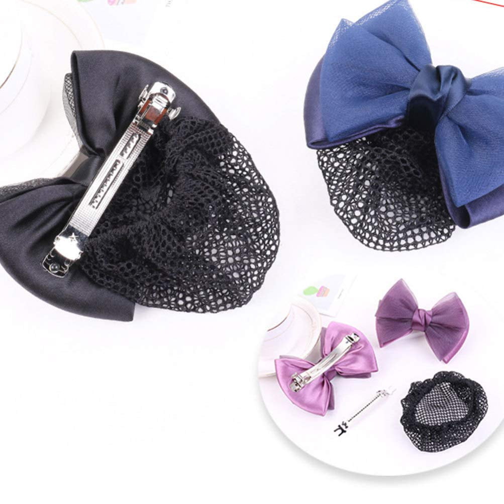 Minkissy Bowknot Hair Snood Net, 3Pc Bow Hair Clip Bun Cover Mesh Work Hairnets Bow Barrette Hairpins For Stewardess Banks Hotels Restaurant Staff (Purple/Black/Dark Blue