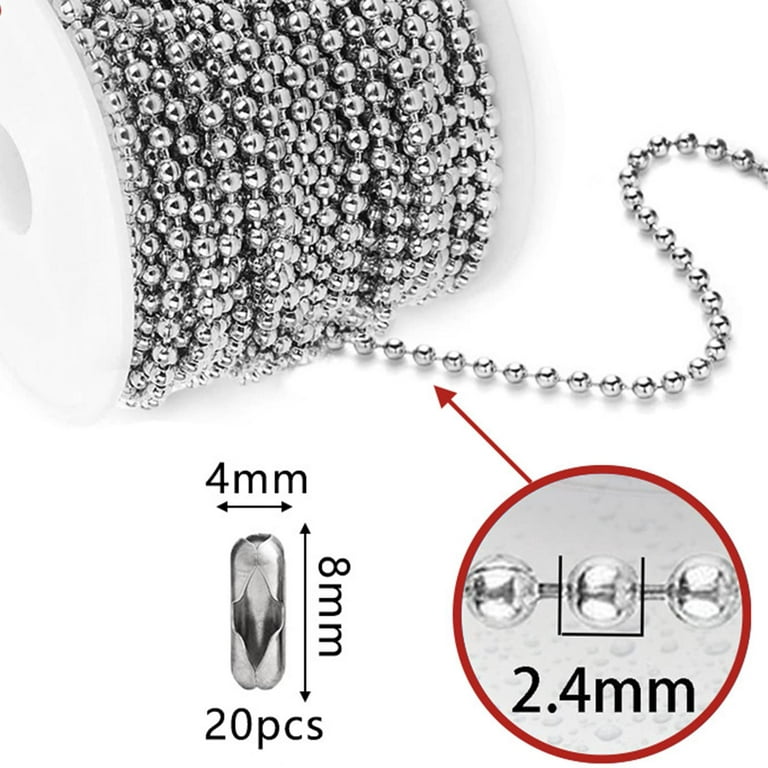 10 Feet Stainless Steel Ball Bead Chain with 30 Pieces Matching Connectors(3meters  2.4mm Ball Chain + 30 Connectors)