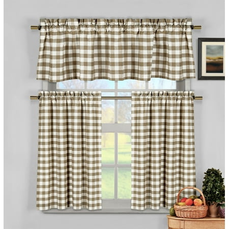 Yellow Tier Curtains Taupe 3 Piece Gingham Check Kitchen Window Curtain Set: Plaid, Cotton Rich, 1 Valance, 2 Tier Panels ()