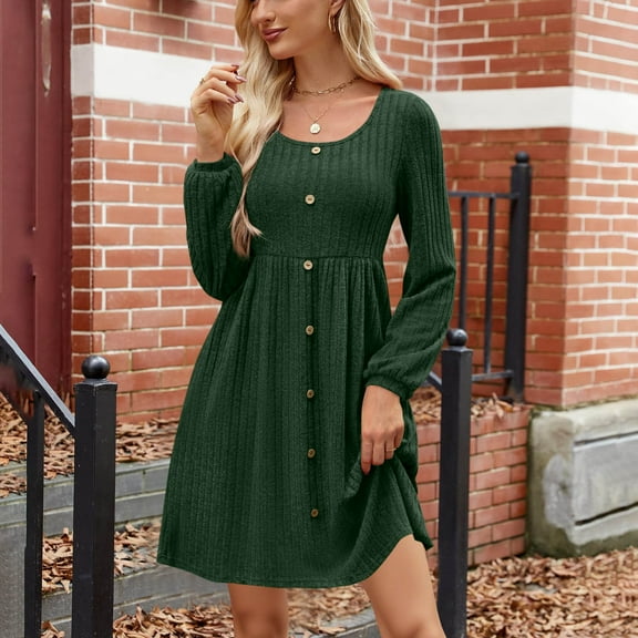 qolati Dresses for Women Long Sleeve Knit Sweater Dress Fall Midi Casual Dress Thin Empire Waist Flowy Fit and Flare Dresses with Pockets