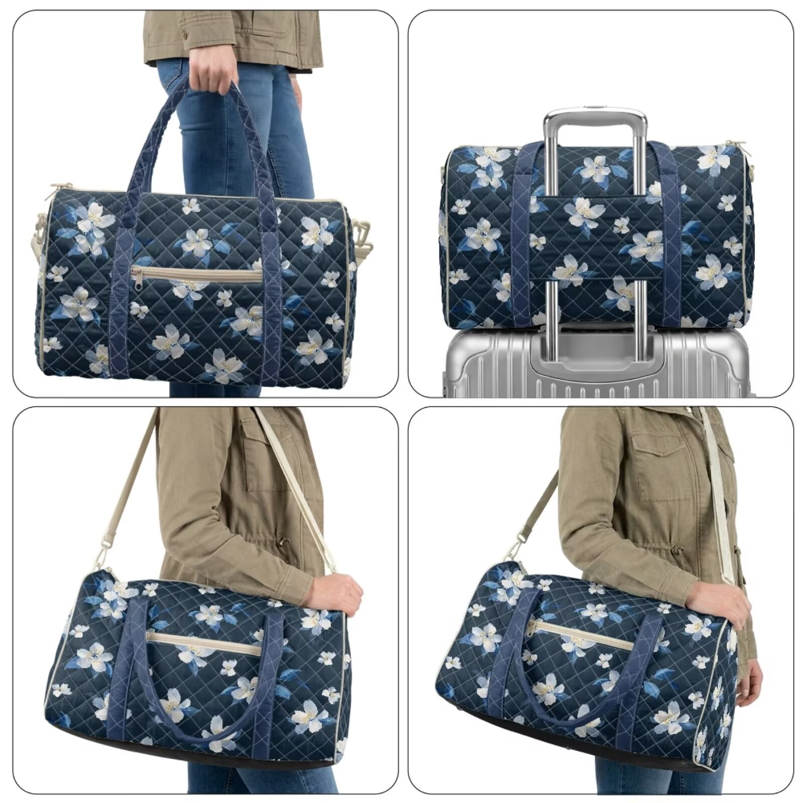 Chririnla Blue & White Floral Print Polyester Duffle Bag for Travel Women Casual Overnight with Carry On Size & Separate Compartment Ideal for Flight
