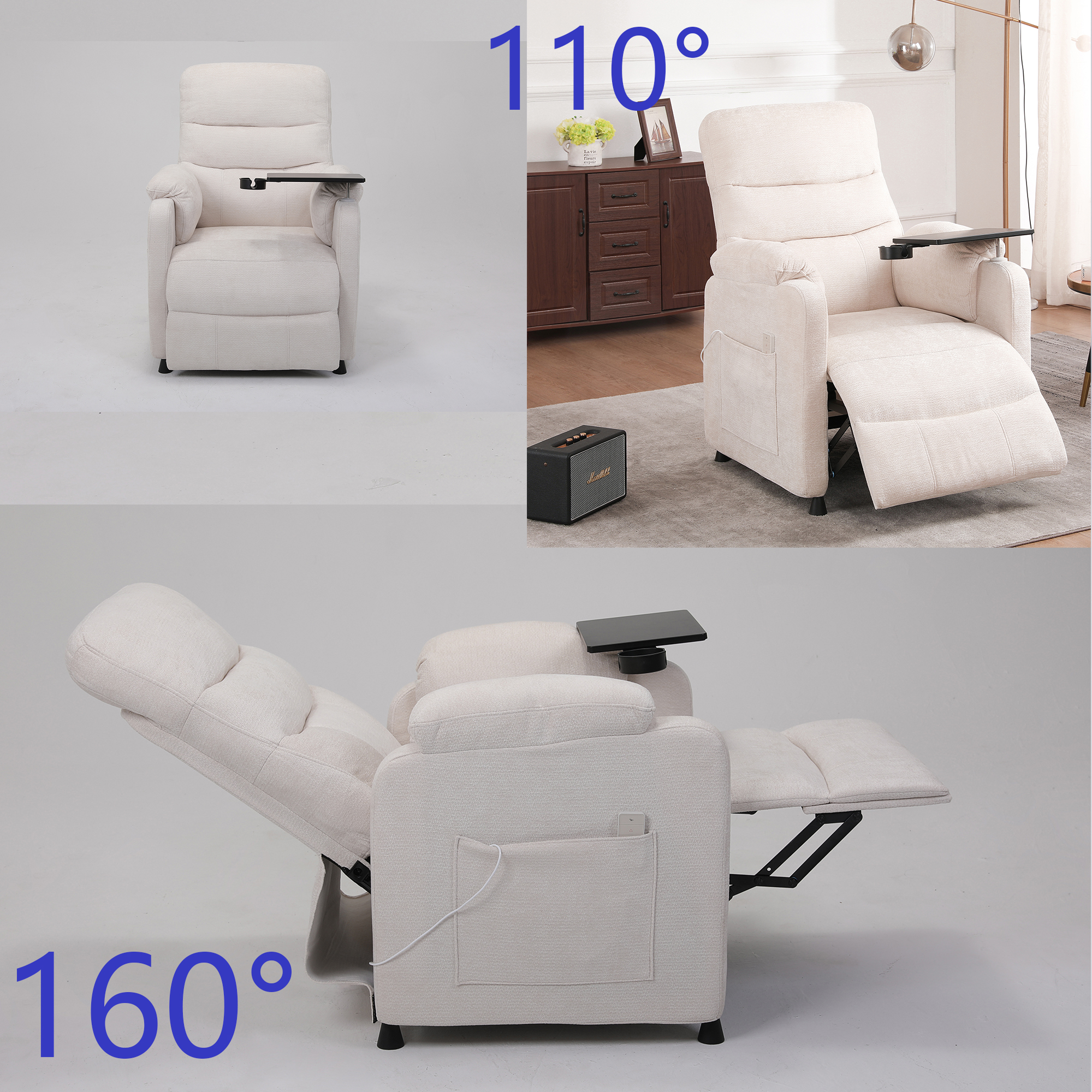 Miniyam Power Recliner Chair with Lumbar support in White, Tabletop & Cup Holder Full Steel Frame 7-Zone Support with Wired Memory Remote for Home Theater Indoor