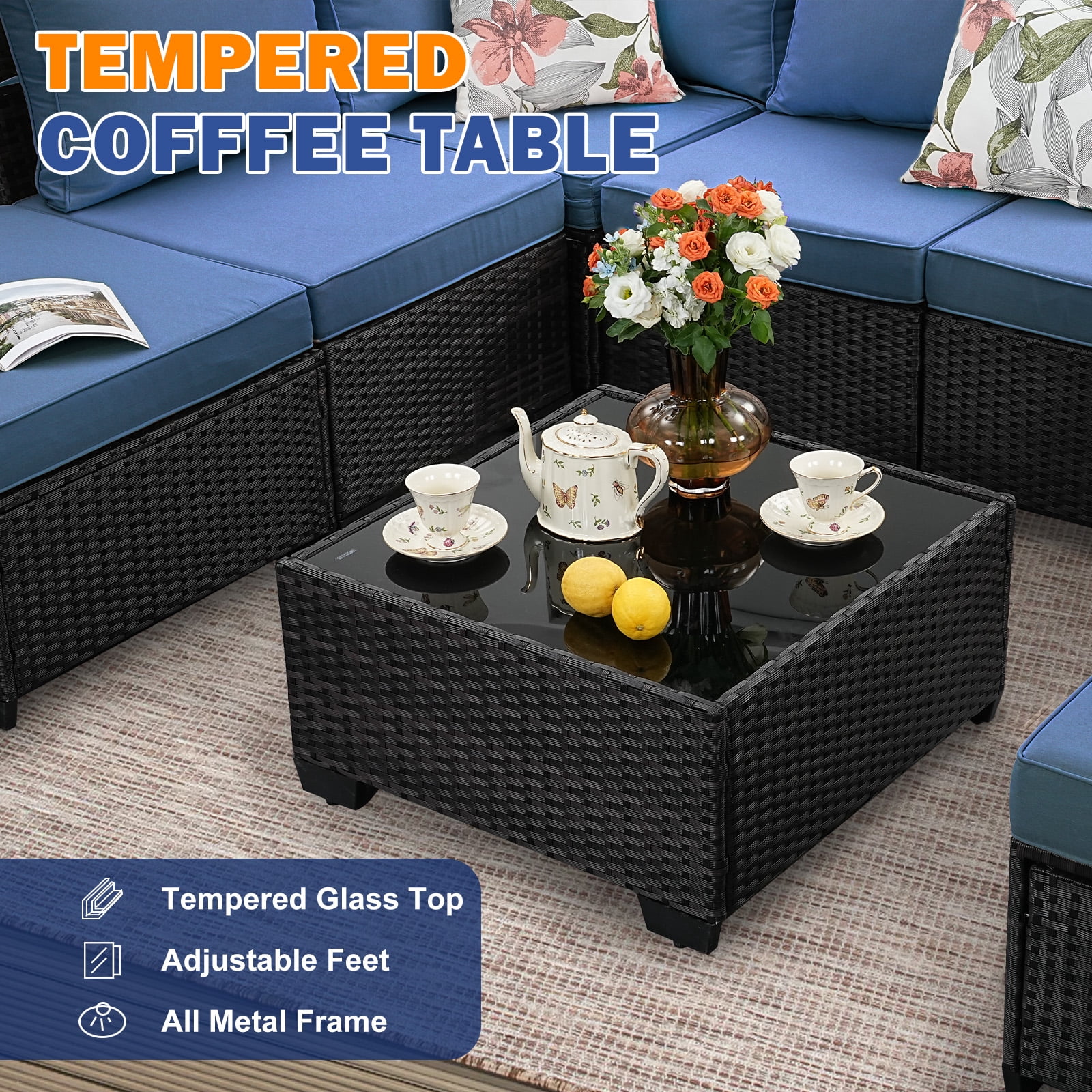 TerraRelax 8 Pieces Patio Furniture set All-Weather Outdoor Wicker Sectional Conversation Sofa Rattan patio seating sofa with cushion and Glass Table and Ottoman for Porch Poolside,Navy