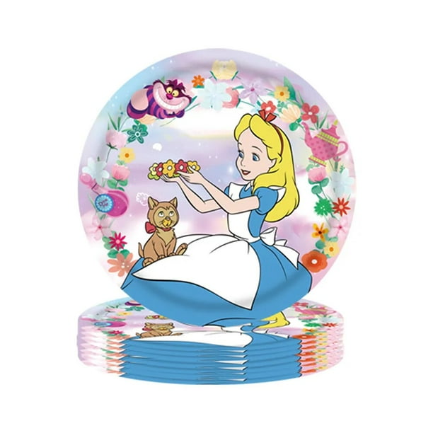 Suministros de fiesta de Alicia en el país de las maravillas para 10 personas, juego de vajilla de cumpleaños, placa, pegatinas de globo con conejo, decoración de gato de Cheshire
