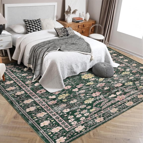 10x13 Retro Mottled Floral Area Rug, Non-Shedding Washable Low Pile Vintage Living Room Bedroom Carpet,green