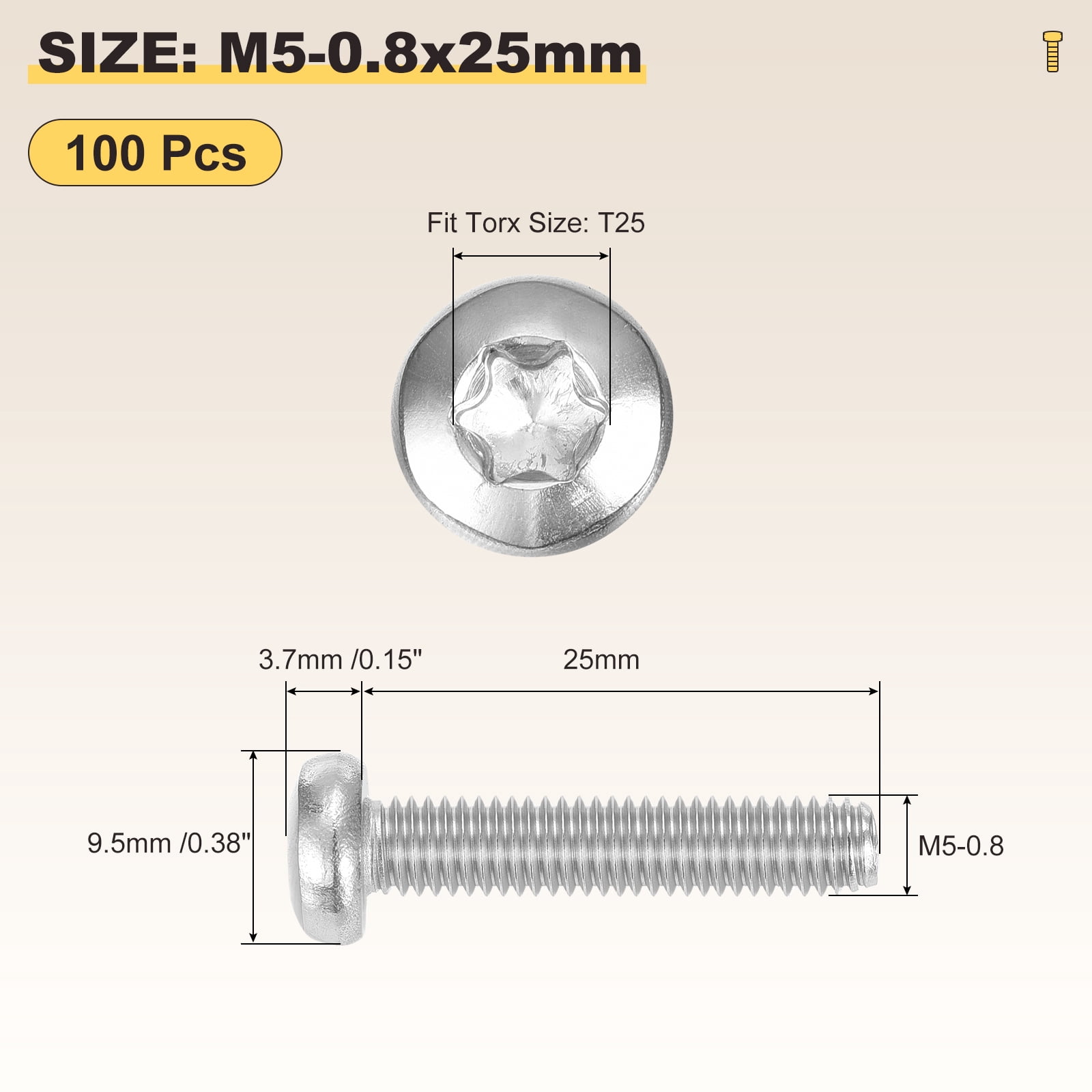 Pan Head Torx Security Screws Bolts (M5-0.8x25mm) 100Pcs, Button Torx Head Machine Screws 304 Stainless Steel - for Furniture Woodworking Project, Silver Tone