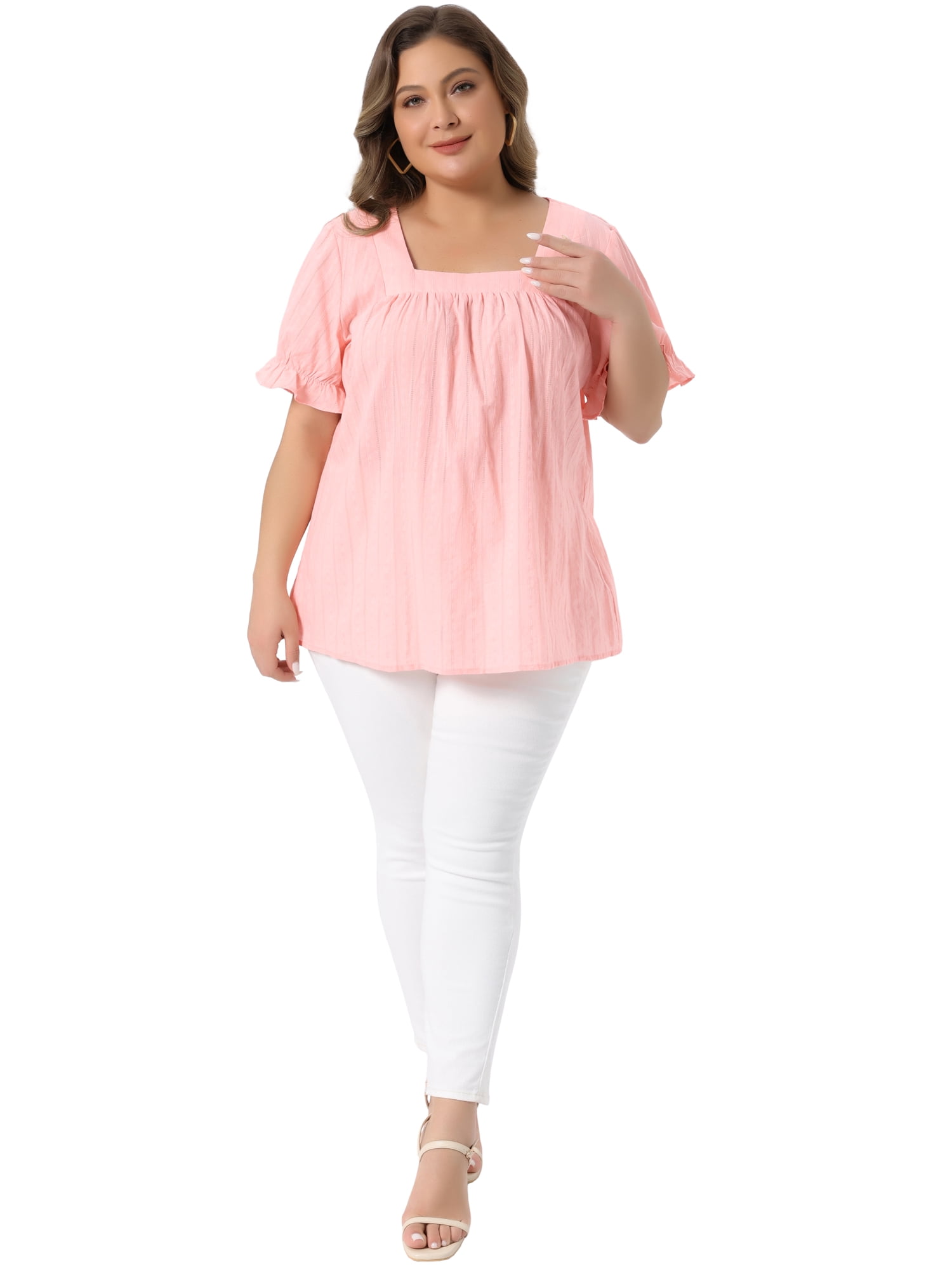 Women's Plus Women's Summer Top Casual Square Neck Ruffle Sleeve Blouse 4X Pink