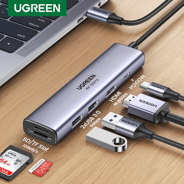 UGREEN USB C Hub, 6in1 USB C to 4K60HZ HDMI Multiport Adapter, 100W PD USB 3.0 Ports SD/ TF