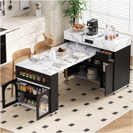 JERFIT Extendable Kitchen Island Table with Folding Top Rolling Cart with Drawers Power Outlet Storage Cabinet for Dining Room & Kitchen in Black and White Marble