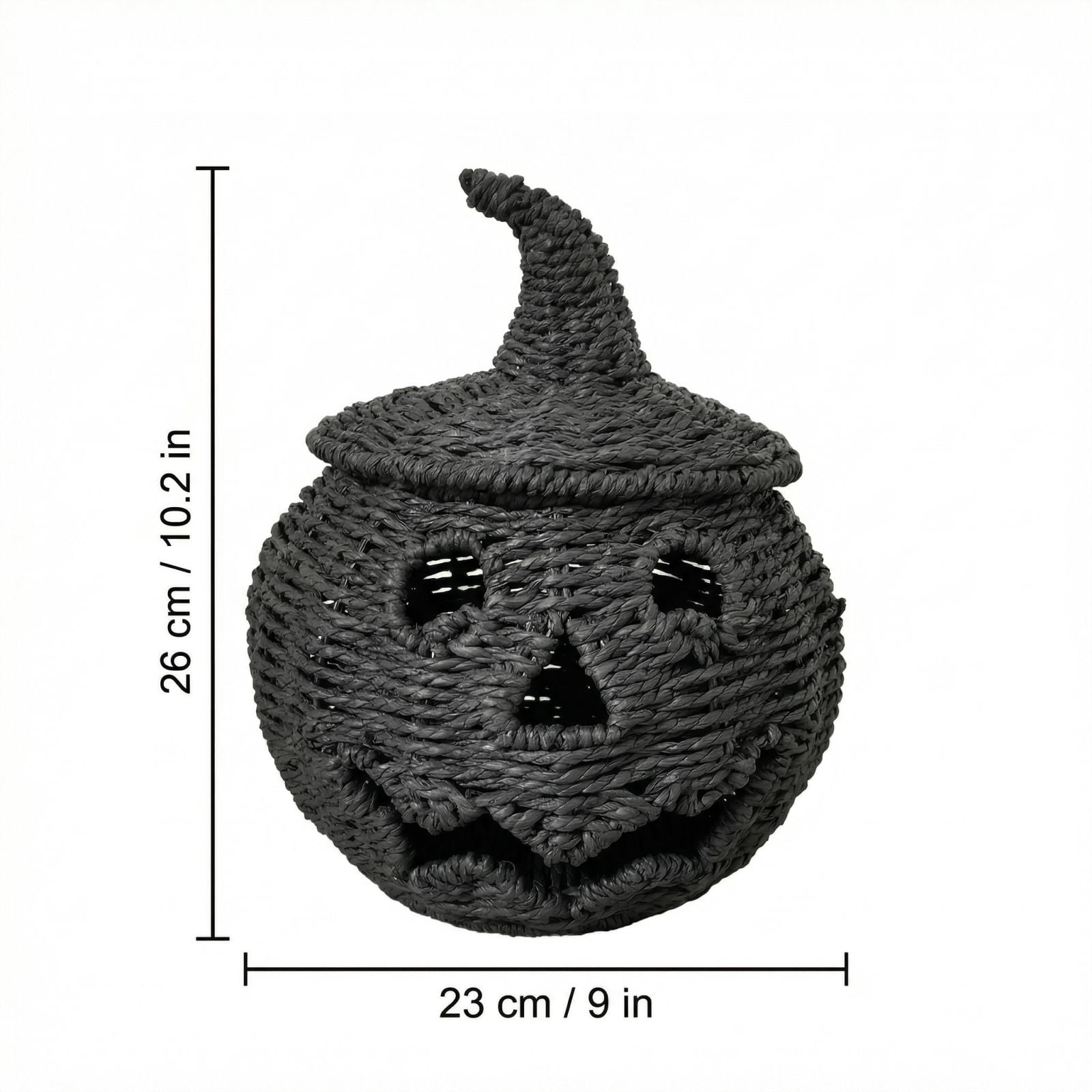 Decorr Halloween Pumpkin Basket Decor, 9x10" Black Woven Jack-O-Lantern with Witch Hat, Spooky Halloween Treat Bucket, Handwoven Halloween Party Decor & Trick-or-Treat Basket