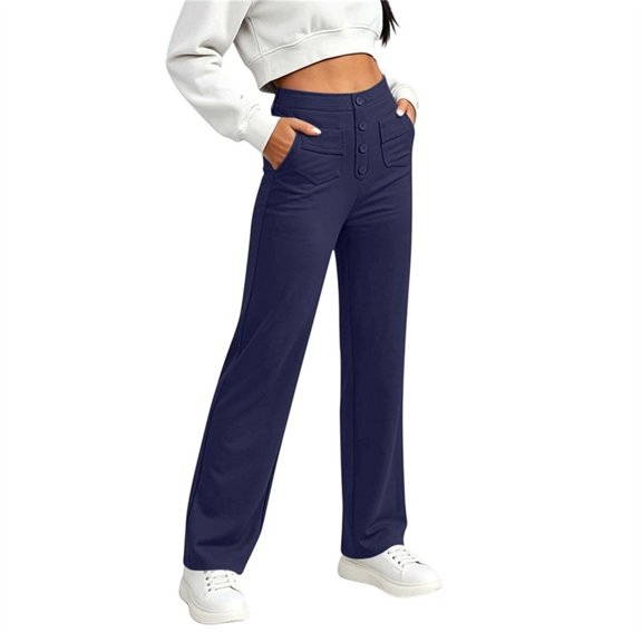 hlysgo Women's Wide Leg Trousers High Waisted Stretchy Pants Loose School Trendy Clothes Casual Work Pant with Pockets Dark Blue,3xL