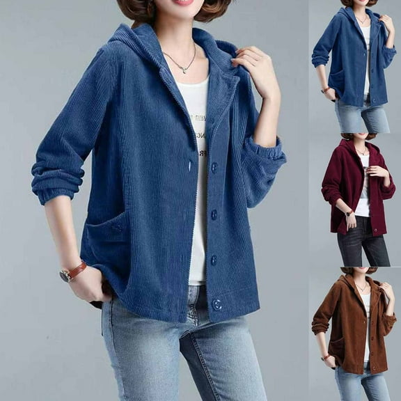 jtjvou Winter Corduroy CoatWomen's Hooded Jacket Warm Thicken Loose Long Sleeve Outerwear Female Casual Clothing Blue L