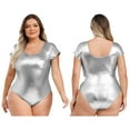 thumbnail image 6 of Aiihoo Plus Size Shiny Metallic Bodysuit for Women Short Sleeve Scoop Neck Glossy Leotards Silver XL, 6 of 6