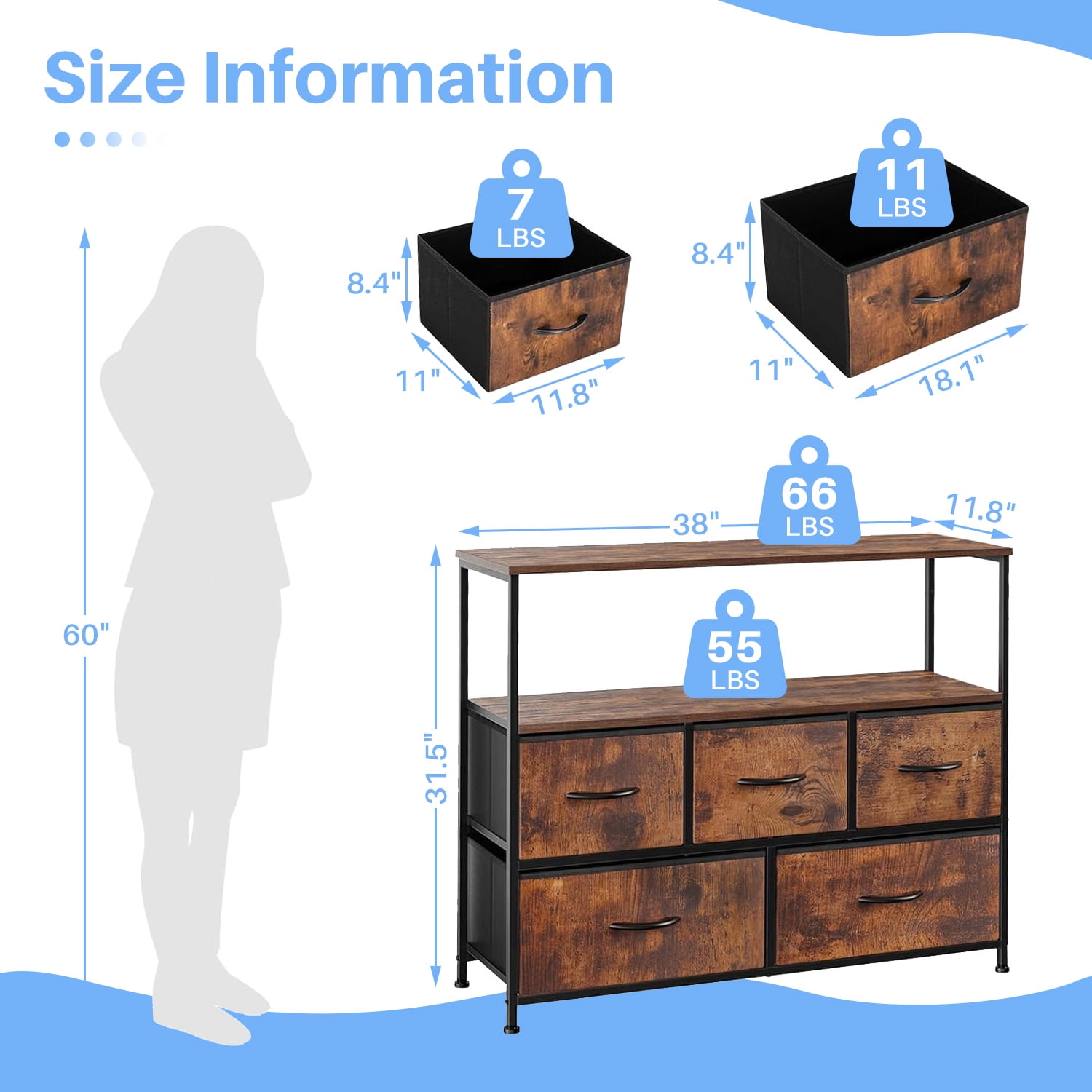 Simenmax 5 Fabric Drawer Dresser TV Stand for Bedroom, Entertainment Center for 45 Inch TV with Storage Drawer Unit, Open Shelf, Adjustable Feet, Living Room, Brown