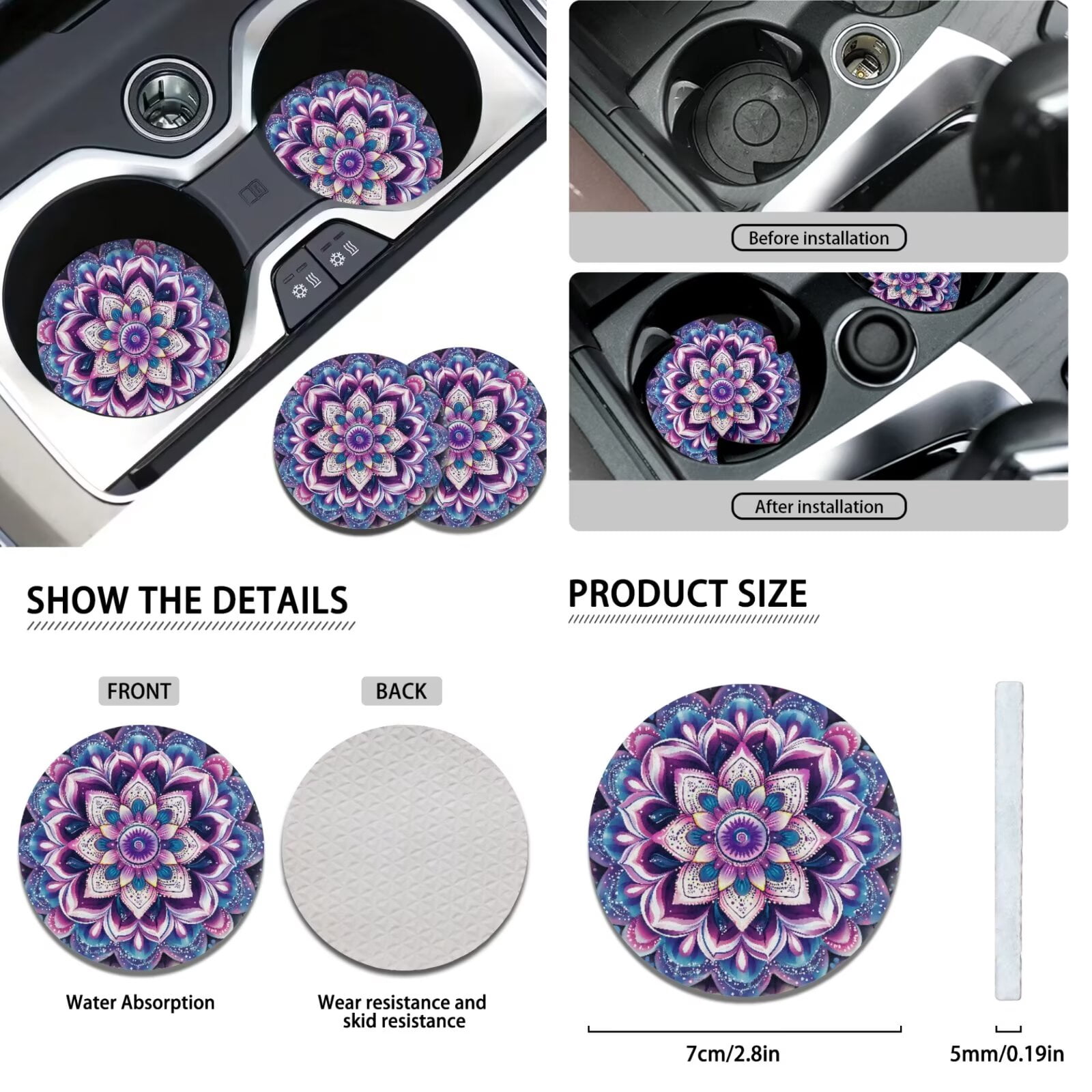 Jeiento Purple Boho Mandala Car Seat Covers Full Set with Headrest Covers, Auto Keychain Holder, Cup Coasters, Gear Shift Cover, Handbrake Cover, 11 Piece Automobile Interior Sets
