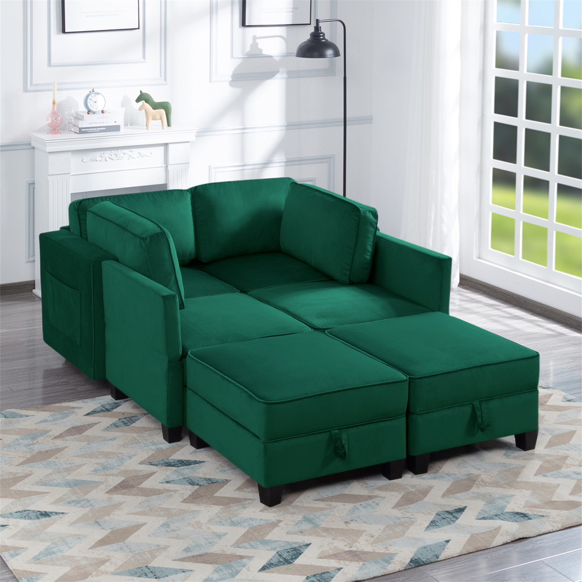 Aukfa 116" Velvet Storage Sectional Couch for Living Room, Modular Sleeper Sofa U-Shaped Sofa, Green