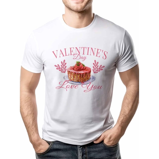 Camisetas para hombre, camiseta de algodón con cuello redondo y diseño de tarta de fresa, manga corta para hombre, San Valentín, te amo.
