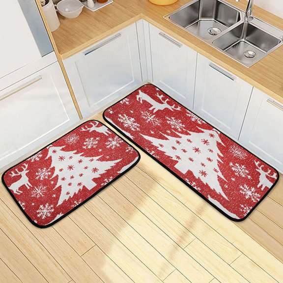 Kitchen Rugs and Mats【2 PCS】Non Skid Red Christmas Print Creative Kitchen Mat