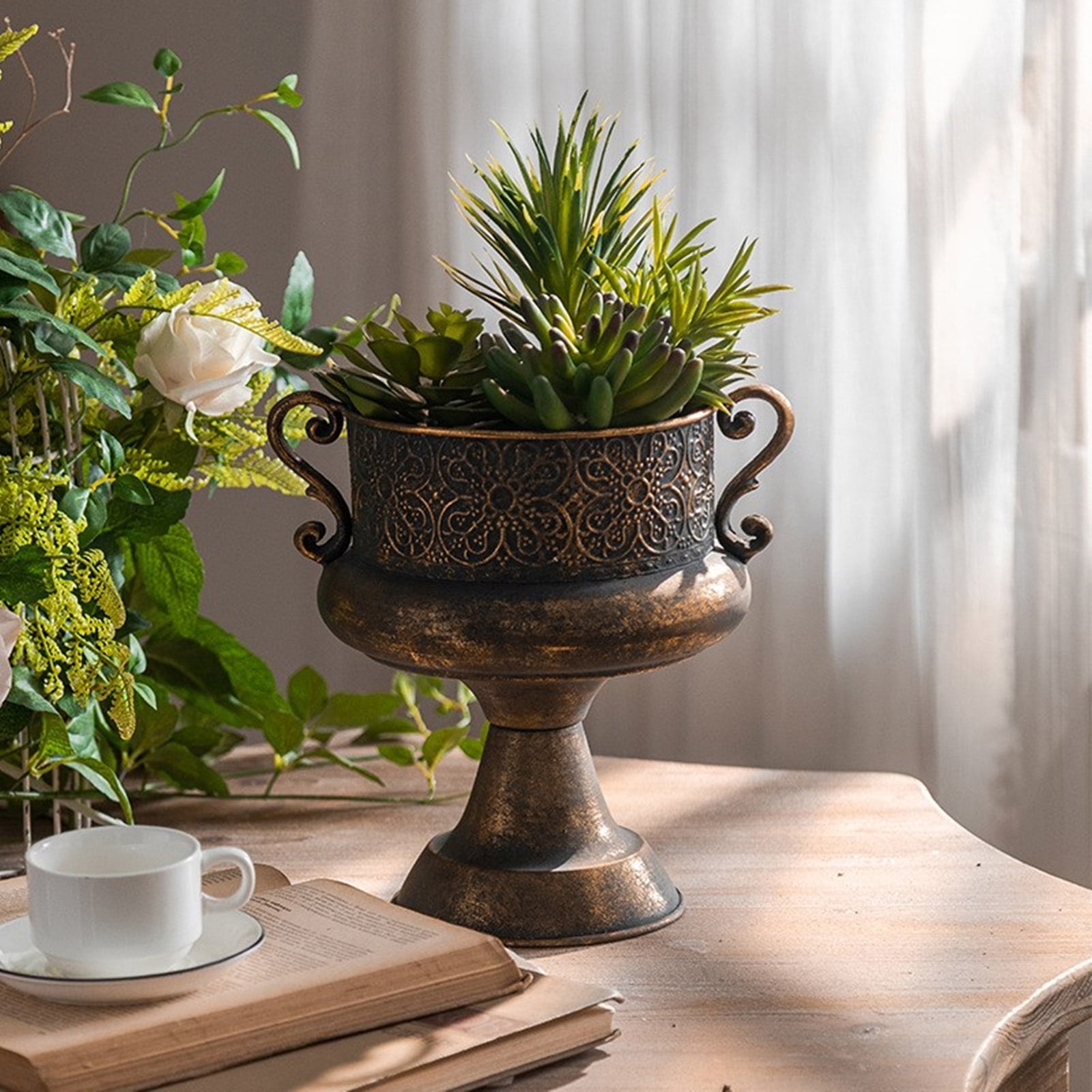 Iron Flower Pots Planter Decorative Urn With Embossed Relief Detail Adding Elegances To Porch Or Living Room Centerpiece
