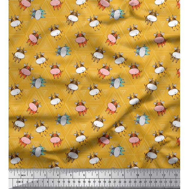Soimoi Moss Georgette Fabric Triangle & Cow Cartoon Print Fabric by The Yard 42 Inch Wide