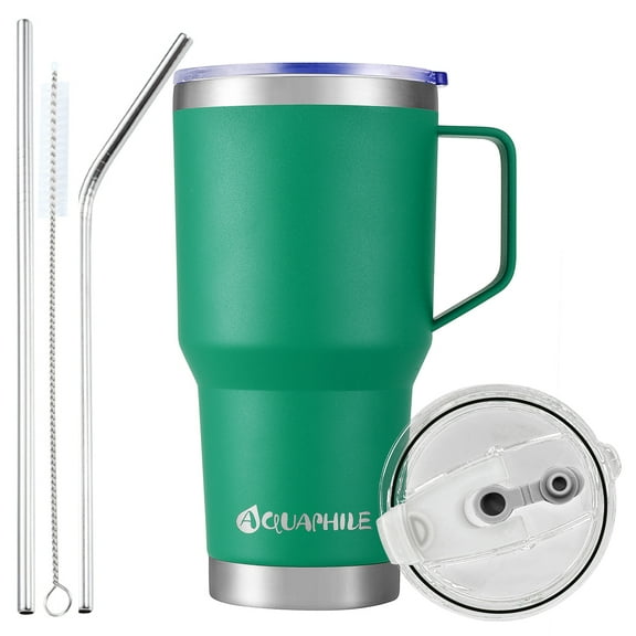 AQUAPHILE 30oz Stainless Steel Insulated Coffee Mug with Handle, Double Walled Vacuum Travel Cup with Lid & Straw, Reusable Thermal Coffee Cup, Portable Coffee Tumbler,Green