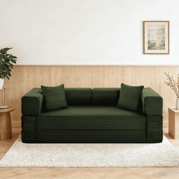GJQ 6-in-1 Folding Convertible Sofa Bed 78 Inch Oversized Corduroy Boneless Couch ,Sleeper Sofa Bed for Living Room,Small Spaces,Light Green