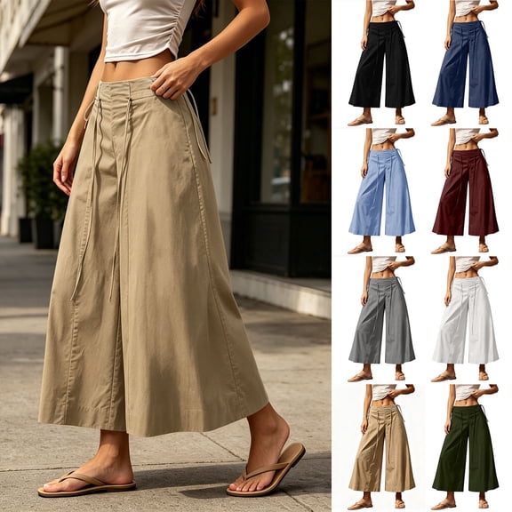 VBVC Women's Tie Waist Wide Leg Culottes , Loose Flowy Palazzo Pants For Women , Ladies' Summer Casual Beach Trousers with Pockets, Army Green , S-2XL