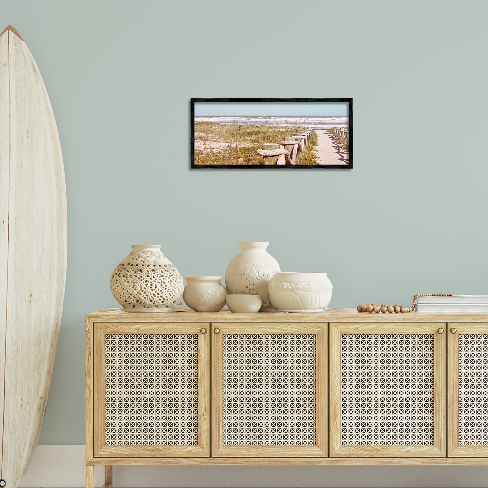 Stupell Industries Eastern Beach Walkway Landscape Photography Black Framed Art Print Wall Art, 24 x 10