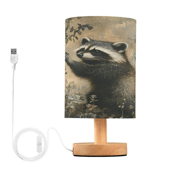 WOBOGO The Cute Raccoon Bedroom Table Lamp USB Power Connector Wooden Base Round Linen Shade For Living Room Desk