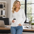 thumbnail image 5 of QUALFORT Women's 100% Cotton V-Neck Cable Knit Sweater, Lightweight Long Sleeve Pullover Sweater for Women, White XL, 5 of 9